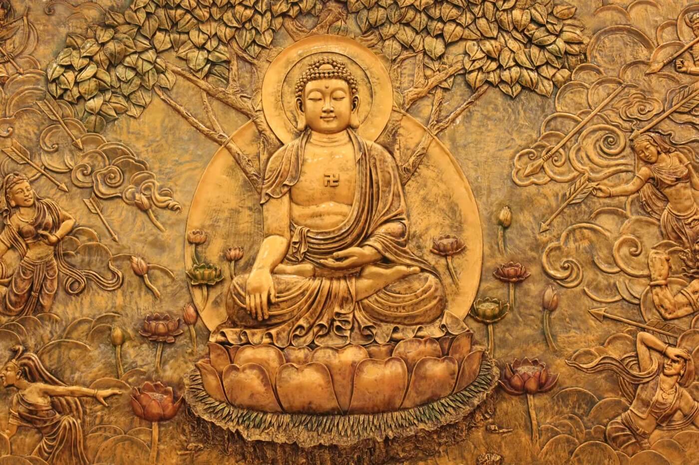 A painting of buddha sitting in the lotus position.